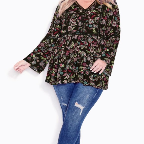 Avenue Tops - NWT! Avenue Woman's Plus Size Bohemian Print Top Black Floral - 22/24